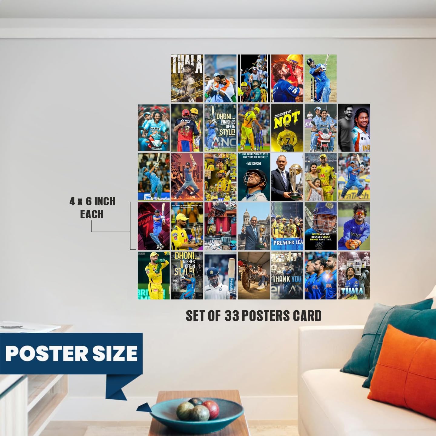 DivineDesigns Pack of 33 MS Dhoni Wall Collage Kit Posters | Posters for Wall Decoration | Wall Art For Bedroom, Office, Living room, (6 inch X 4 inch) Set of 33 MS Dhoni Prints