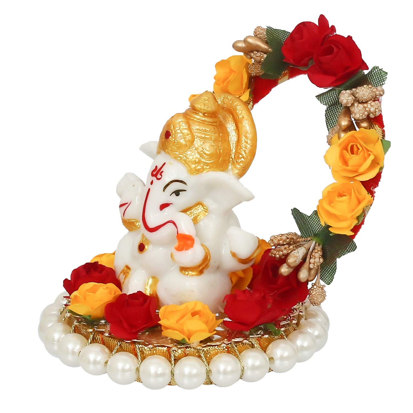 Resin Lord Ganesha Idol On Decorative Rose Flower Plate| Ganesha Idol for Home Decor Car Dashboard| Ganesha Statue| Ganesh Murti| Ganpati Murti God Statue Gift for Diwali Housewarming