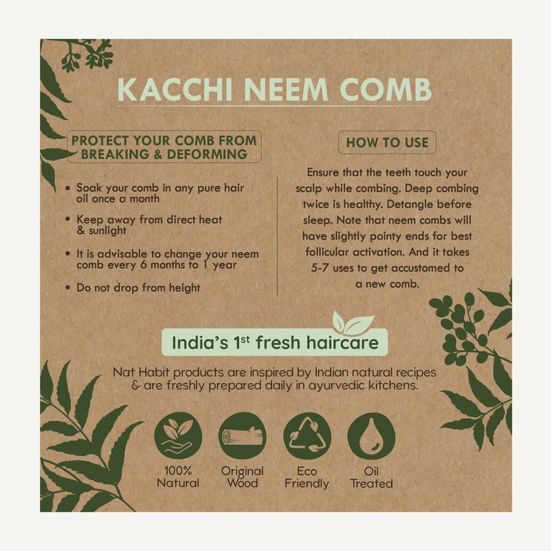 Nat Habit Kacchi Neem Wooden Comb, Soaked In 17 Herbs, Neem & Sesame Oil For Multi-Actions - Detangling, Frizz Control & Shine Suited For All Hair Types (Wide Tooth)