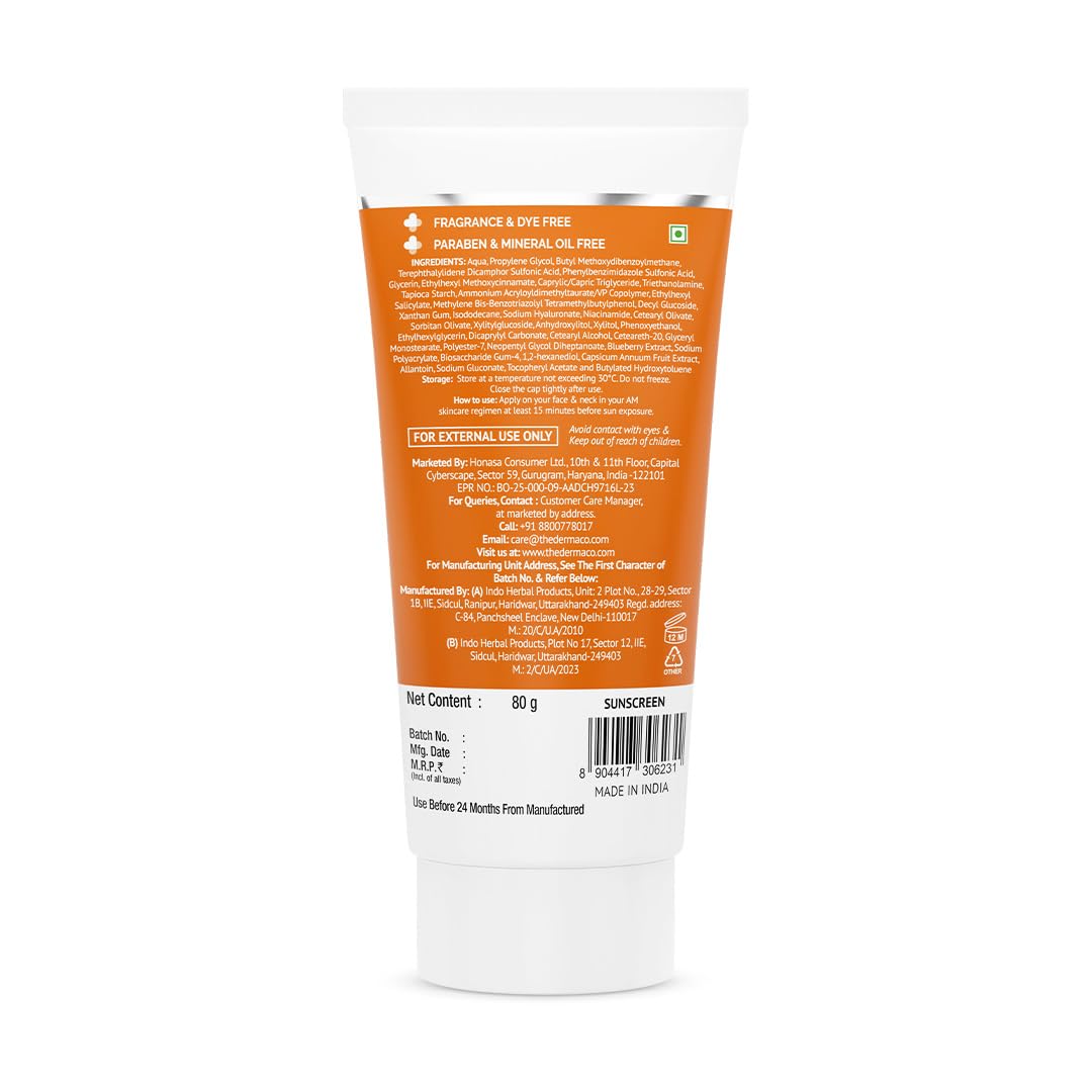 The Derma Co 1% Hyaluronic Sunscreen Aqua Gel SPF 50 PA++++ | Hydrating, Lightweight & Non-Greasy | No White Cast | Broad Spectrum & Blue Light Protection | 80 g