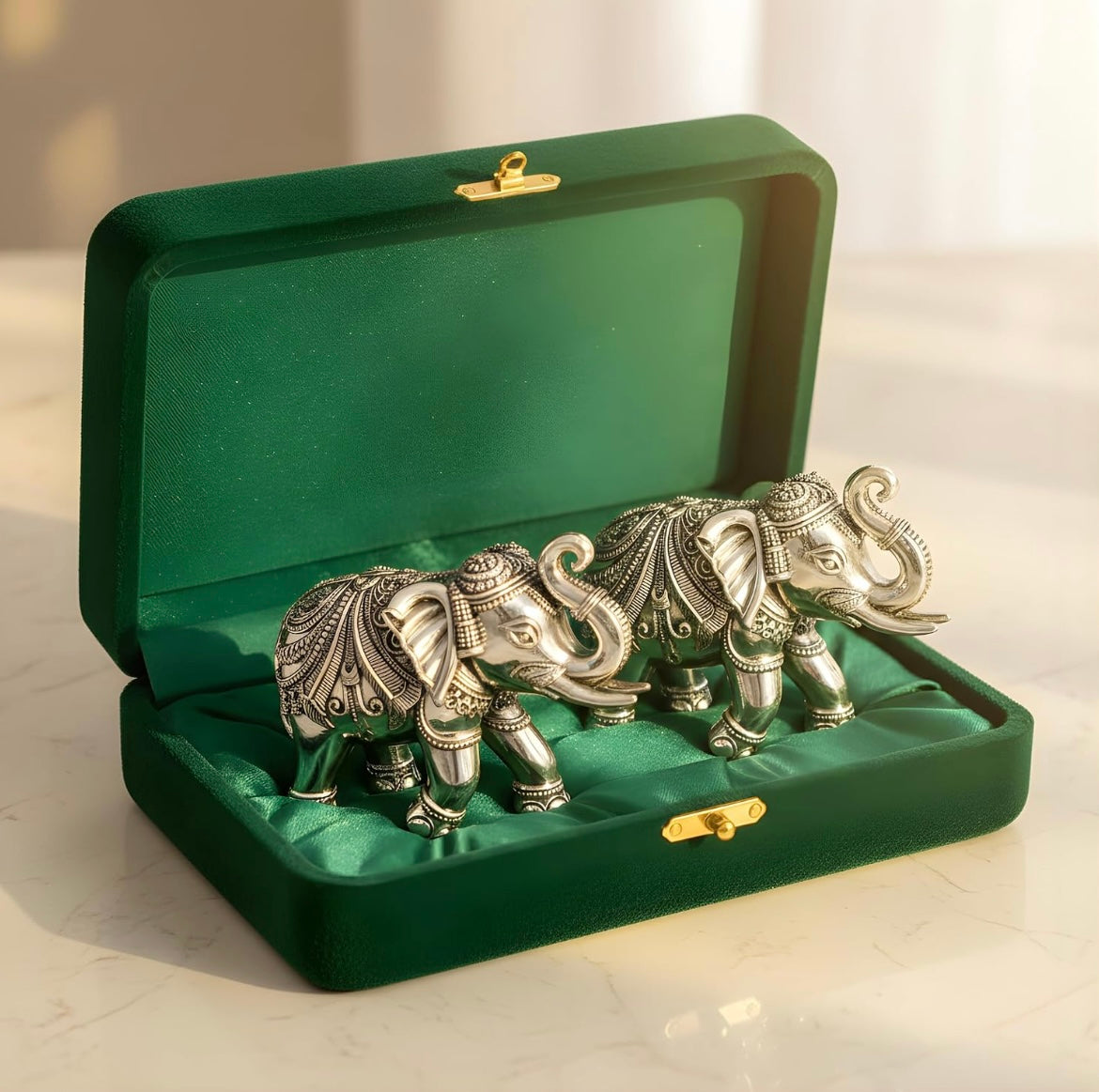 999 Pure Silver Plated Elephant Idol Pack of 2 | 4 Inch Vastu & Good Luck Showpiece for Home Decor, Mandir & Pooja Room | Auspicious Gifting Choice