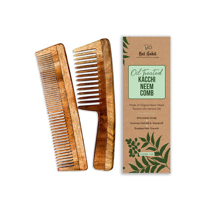 Nat Habit Kacchi Neem Wooden Comb, Soaked In 13 Herbs Neem & Sesame Oil For Multi-Actions - Detangling, Frizz Control & Shine (Dual Tooth & Wide Tooth) Combo Pack of 2