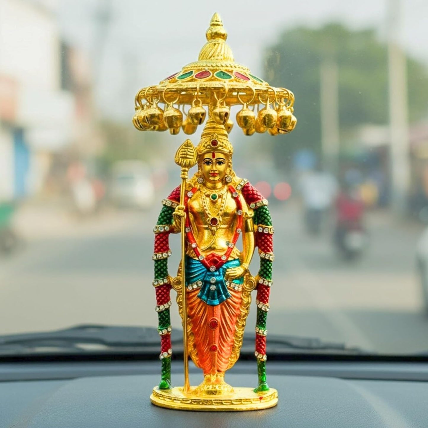 Lord Murugan to Your Car Dashboard Golden Idol with Crystal Stones Pooja & Office Hindu God Kartikeya ensuring a Blessed and Protected Journey. (Umbrella Murugan)