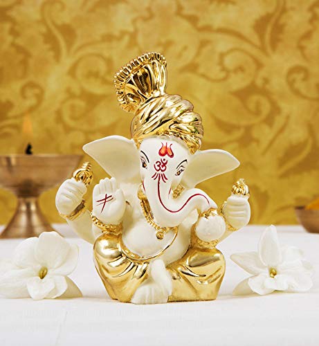 Gold Art India Ceramic Ganesh Idol For Car Dashboard (6x4x3cm, Gold), Religious