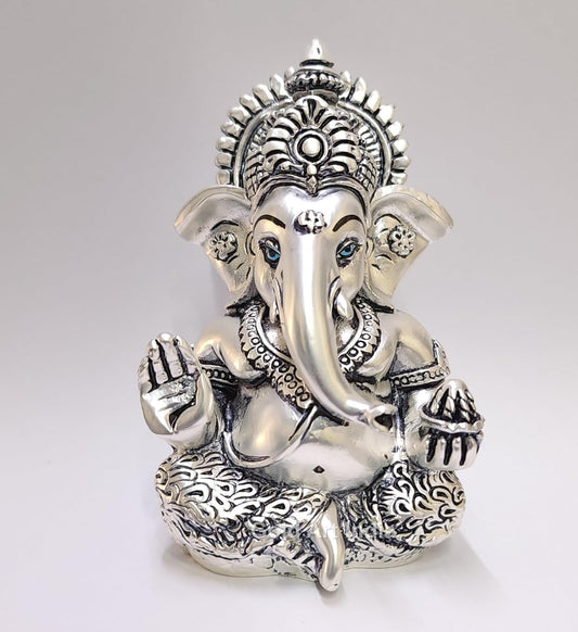 Gold Art India 999 Matte Silver Plated Antique Mukut Ganesha - 3.5" - Perfect for Gifting, Home Decor, Car Dashboard Murti Ganpati Idol for Home Decor Puja Statue Gift for Office Desk Puja Room, God