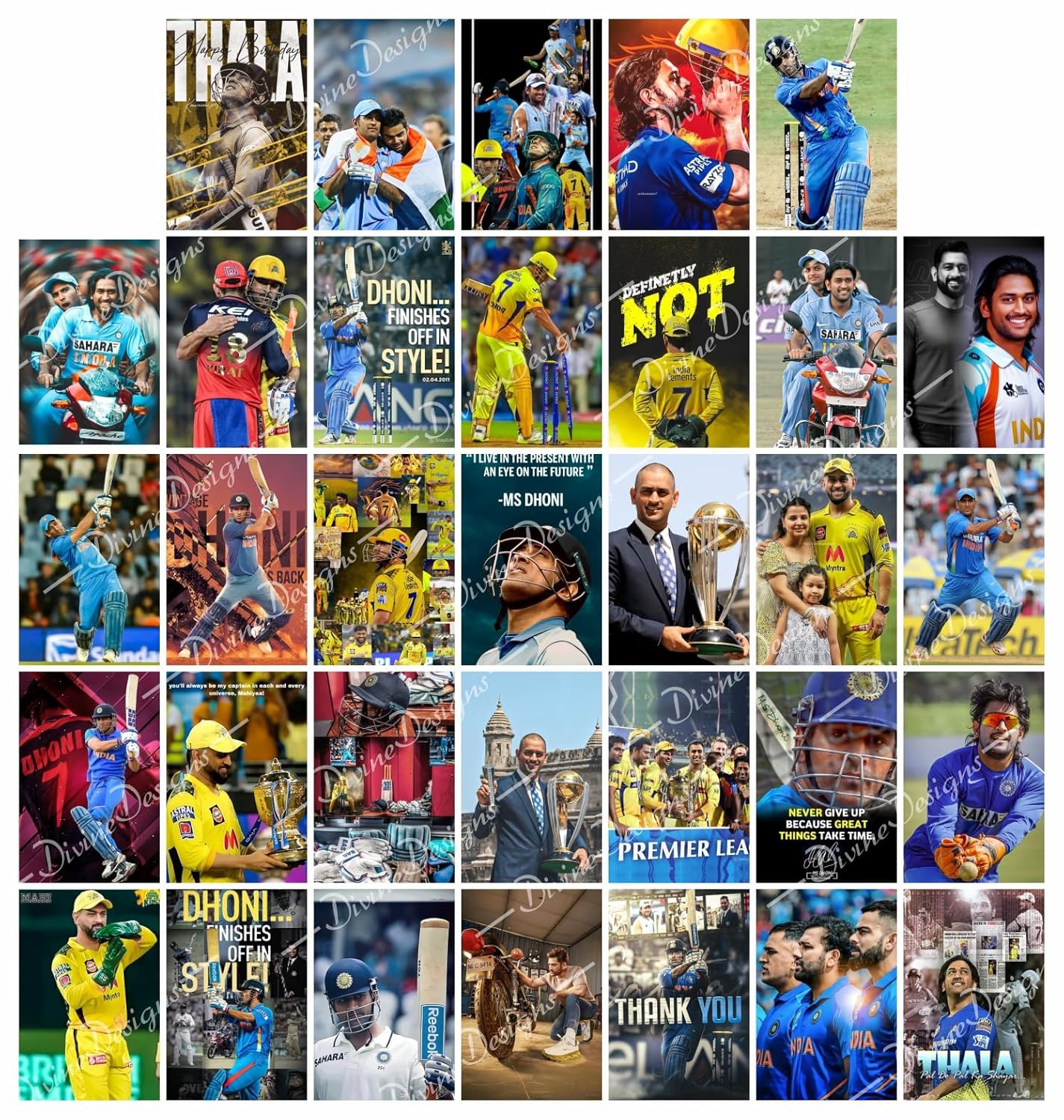 DivineDesigns Pack of 33 MS Dhoni Wall Collage Kit Posters | Posters for Wall Decoration | Wall Art For Bedroom, Office, Living room, (6 inch X 4 inch) Set of 33 MS Dhoni Prints