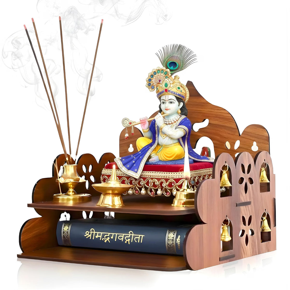 Small Pooja Mandir for Home Wall Mount & Tabletop | Wooden Temple with Bells | Mini Mandir for Office, Home, Daily Worship पूजा & Decor