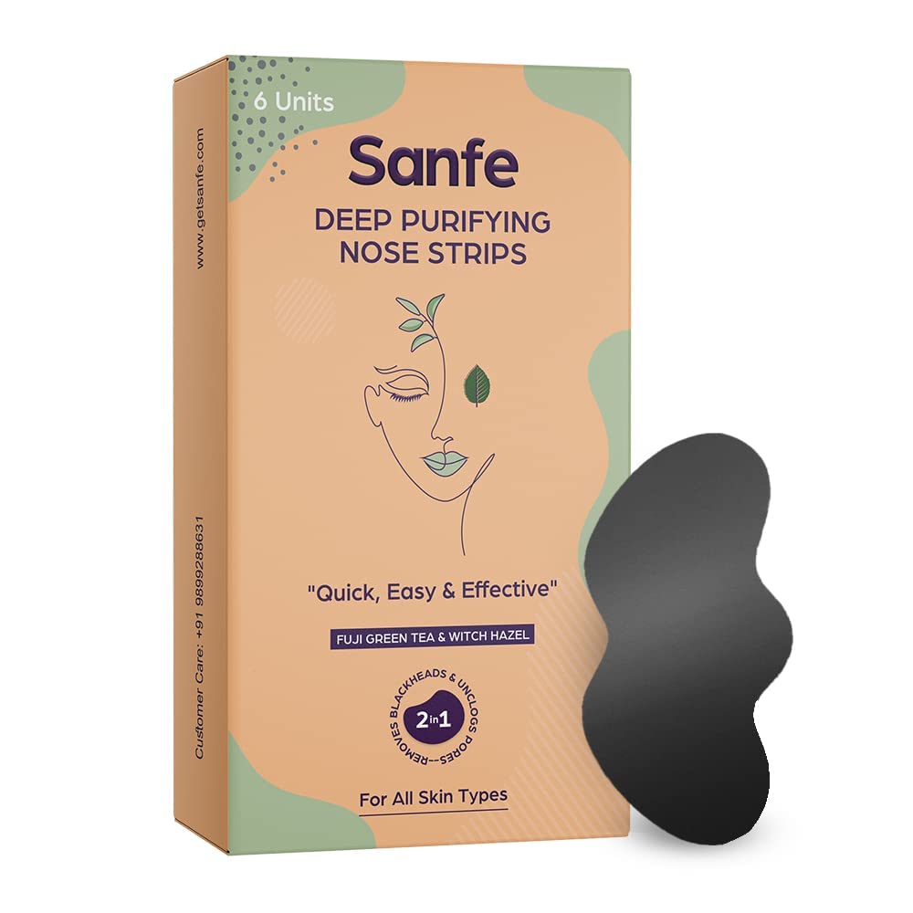 Sanfe Deep Purifying Nose Strips for Women & Men - With Fuji Green Tea & Witch Hazel extracts | Blackheads and cleanses pores (Pack of 6)