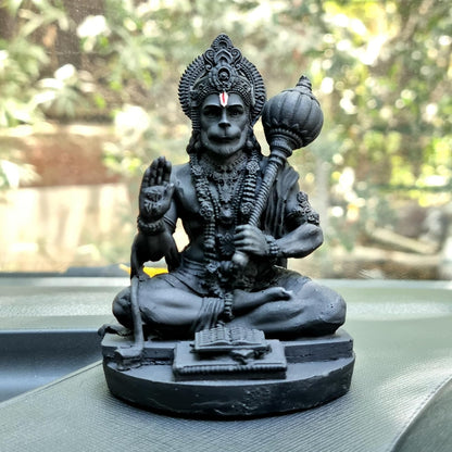 Resin Hanuman Ji Idol for Car Dashboard, Home & Office Desk - Bajrang Bali Murti for Protection from Negative Energy, Good Luck, Success and Prosperity (Black), 9 cm