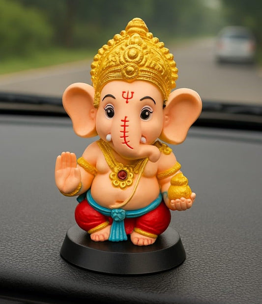 Cute Lord Ganesha God Idol for Car Dashboard | Ganpati Bappa Murti with Modak & Mooshak | Decorative Ganesh Ji Showpiece for Home, Office, Gift Purpose | 10cm Height (Red-Orange)