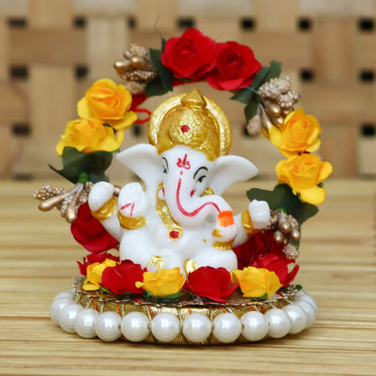 Resin Lord Ganesha Idol On Decorative Rose Flower Plate| Ganesha Idol for Home Decor Car Dashboard| Ganesha Statue| Ganesh Murti| Ganpati Murti God Statue Gift for Diwali Housewarming