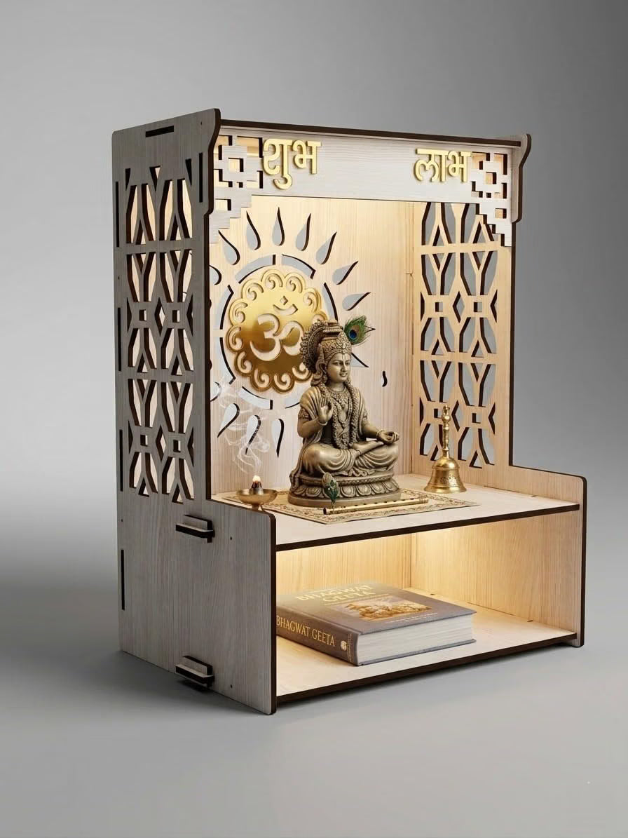 Beautiful Wooden Pooja Stand for Home, Temple, Office, Wall Mounted Puja Mandir with LED Spot Light Size (L- 29 CM, W- 25 CM, H - 37.5 CM)