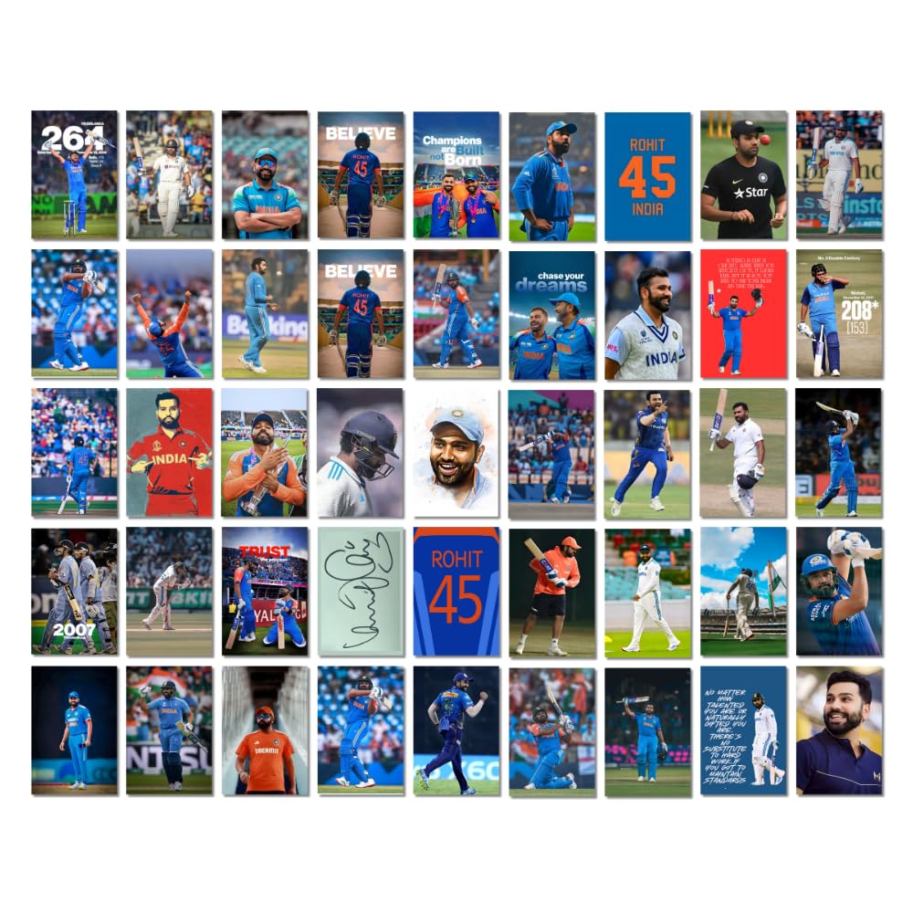 Rohit Sharma Posters Wall Collage Kit– 45 Mini Posters (4x6 Inch) With Motivational Quotes | For Room Wall Decoration, Living Room Bedroom Boys Gift Fan| Cricket Lover Cricketers Wall Decor Covers 30x36 Inch Area