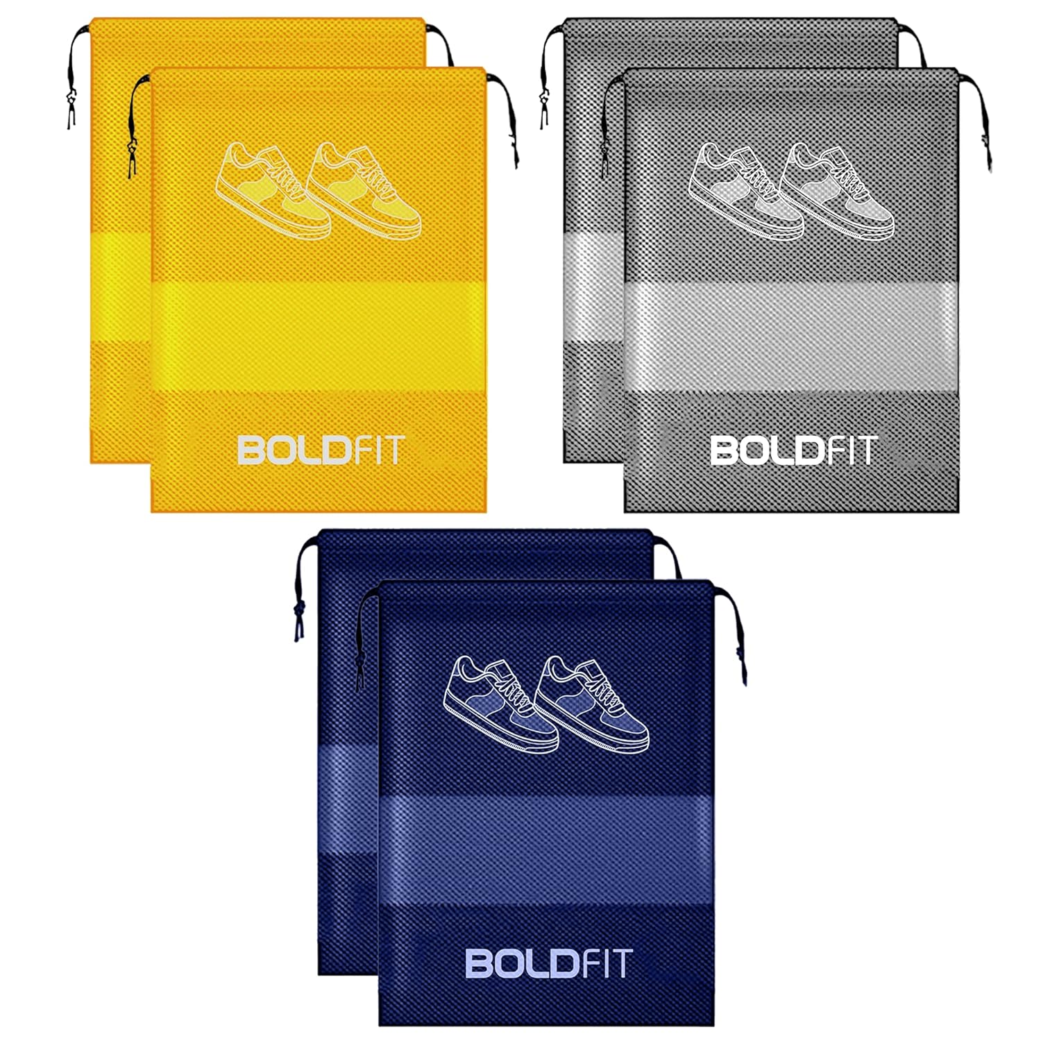 Boldfit Shoe Bag for Travel & Storage Travel Organizer - Pack of 6 Shoe Pouch (Blue, Yellow, Grey)