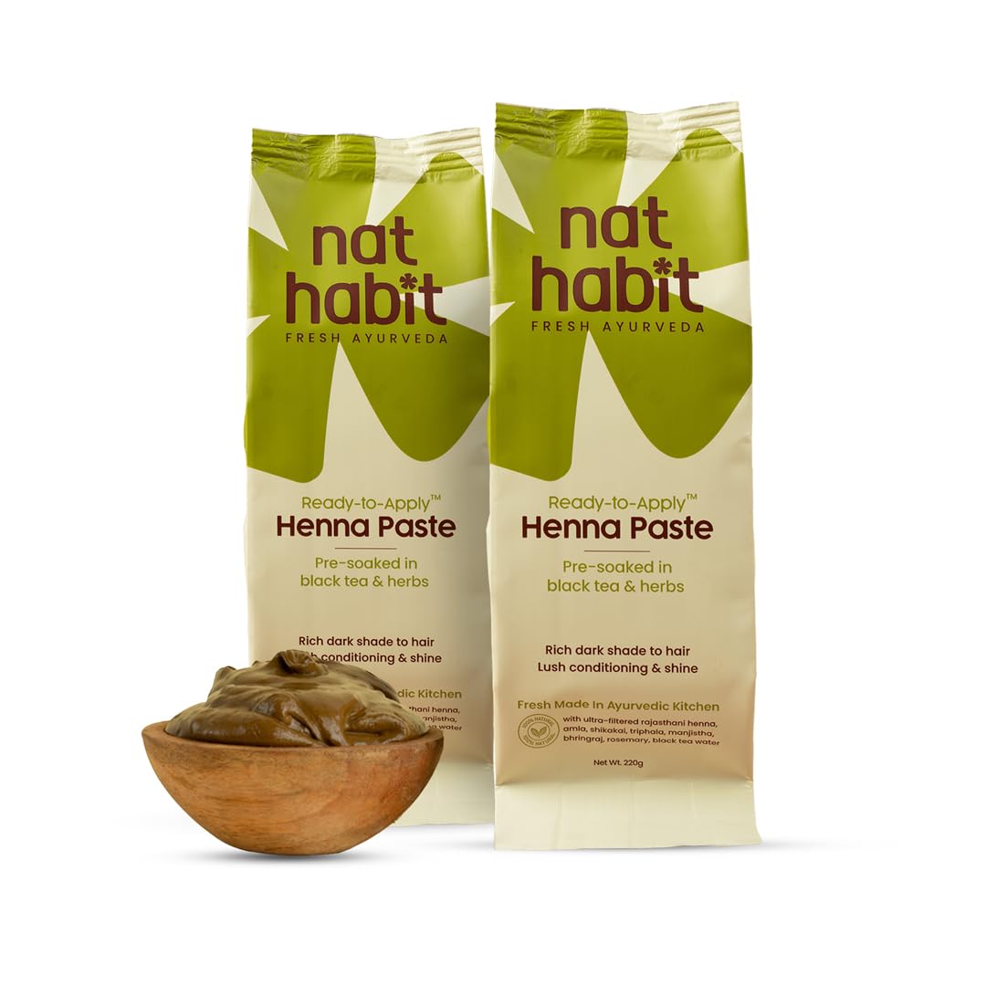 Nat Habit - Fresh Ready To Apply Henna Paste, Pre-Soaked in Black Tea and Herbs,100% Natural Rajasthani Henna (Pack of 2 x 220g)