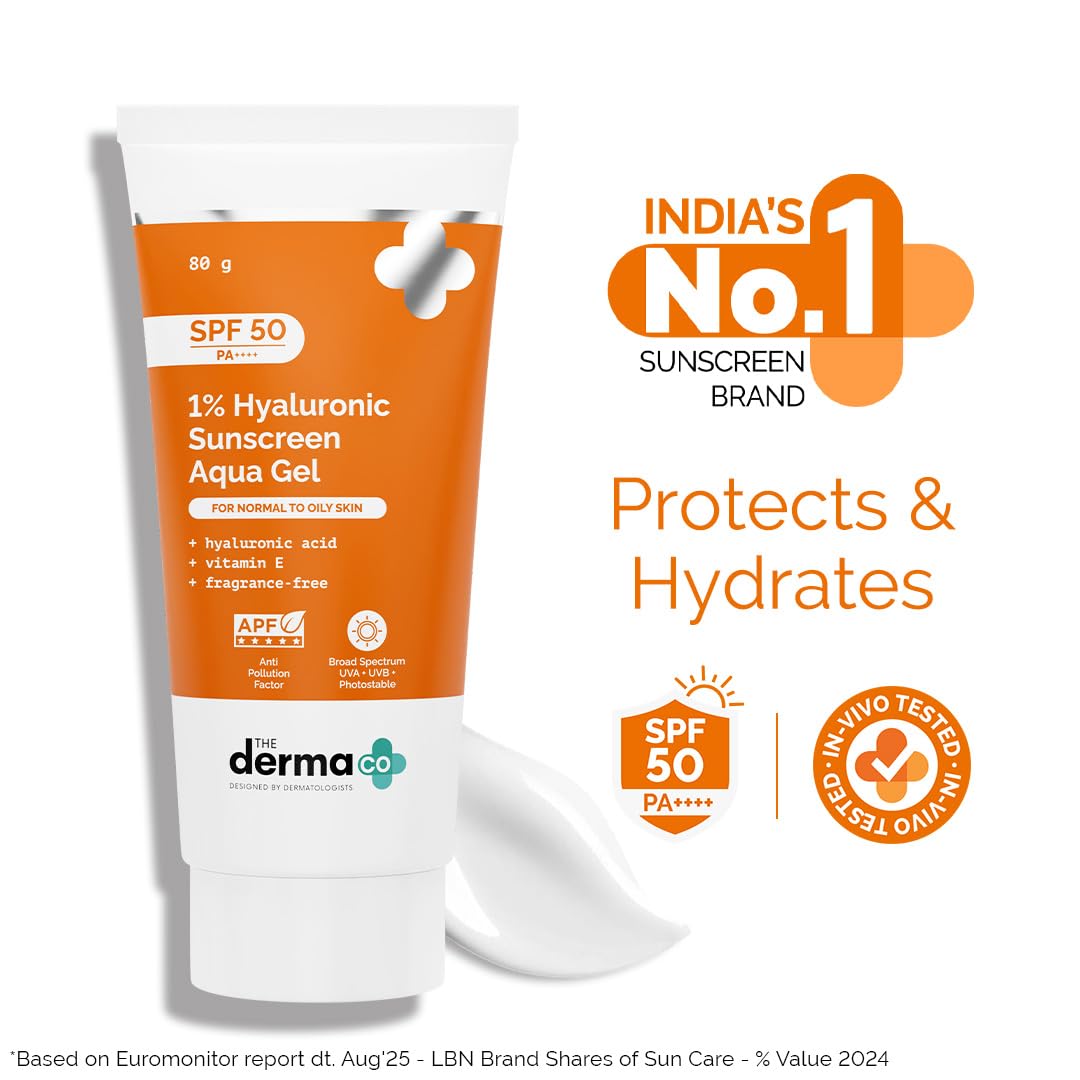 The Derma Co 1% Hyaluronic Sunscreen Aqua Gel SPF 50 PA++++ | Hydrating, Lightweight & Non-Greasy | No White Cast | Broad Spectrum & Blue Light Protection | 80 g