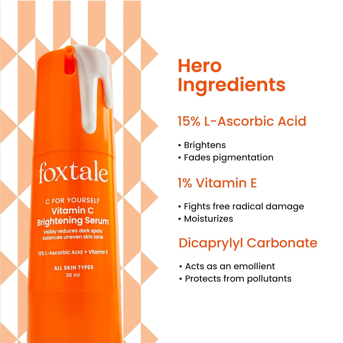 Foxtale 15% Vitamin C Face Serum for Glowing Skin | Purest Vitamin C (L-Ascorbic Acid) with Vitamin E  | All Skin Types | For Men & Women | 30 ml