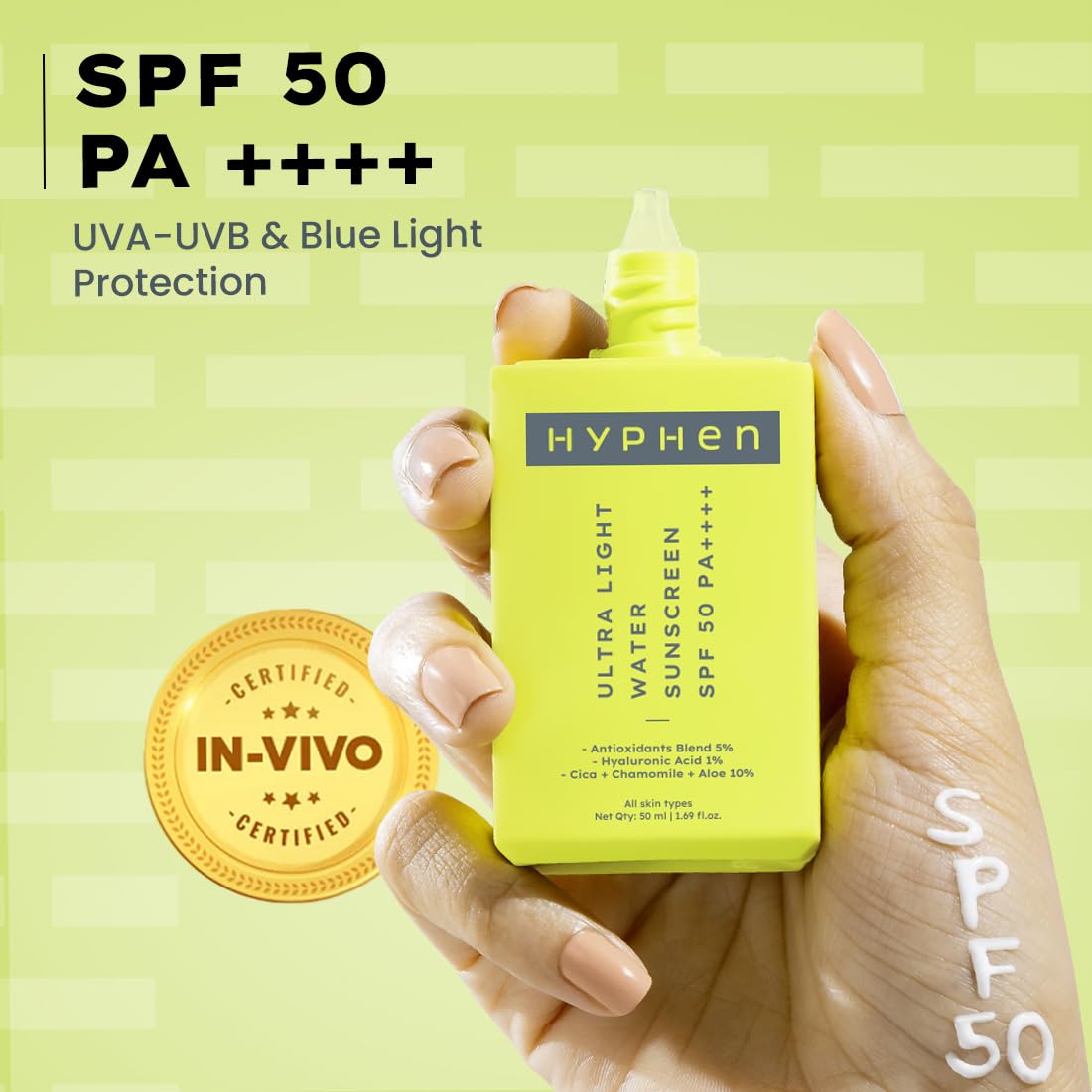 Hyphen 1% Hyaluronic Ultra Light Water Sunscreen SPF 50 PA ++++ | Korean Sunscreen for Men & Women | 50ml