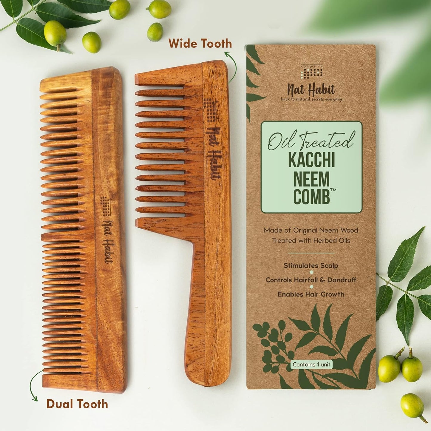 Nat Habit Kacchi Neem Wooden Comb, Soaked In 13 Herbs Neem & Sesame Oil For Multi-Actions - Detangling, Frizz Control & Shine (Dual Tooth & Wide Tooth) Combo Pack of 2