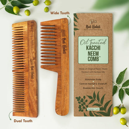 Nat Habit Kacchi Neem Wooden Comb, Soaked In 13 Herbs Neem & Sesame Oil For Multi-Actions - Detangling, Frizz Control & Shine (Dual Tooth & Wide Tooth) Combo Pack of 2