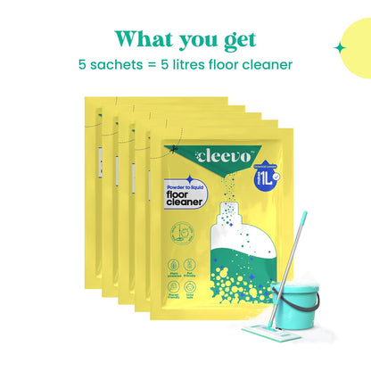 Cleevo Floor Cleaner Liquid (5L Refill Pack) | 1 Pouch = 1L Floor Cleaners for Mops | Chlorine-Free Surface Cleaner, All-Purpose Floor Cleaning Liquid (Zesty Lemon)