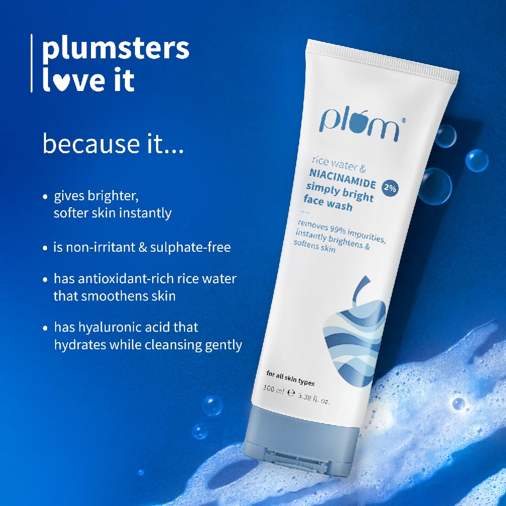 Plum 2% Niacinamide & Rice Water Face Wash | Hydrates & Brightens Skin | Softens & Smoothens Skin | Gentle & Non-Drying | Gently Cleanses 99% pore clogging impurities | Women & Men | 100ml