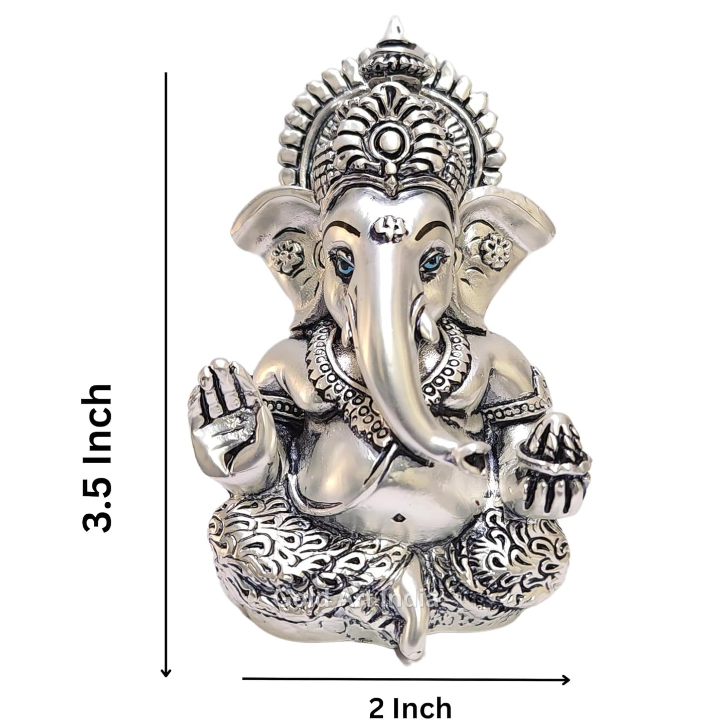 Gold Art India 999 Matte Silver Plated Antique Mukut Ganesha - 3.5" - Perfect for Gifting, Home Decor, Car Dashboard Murti Ganpati Idol for Home Decor Puja Statue Gift for Office Desk Puja Room, God