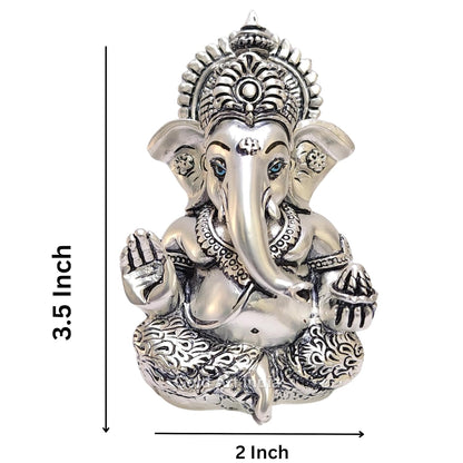 Gold Art India 999 Matte Silver Plated Antique Mukut Ganesha - 3.5" - Perfect for Gifting, Home Decor, Car Dashboard Murti Ganpati Idol for Home Decor Puja Statue Gift for Office Desk Puja Room, God