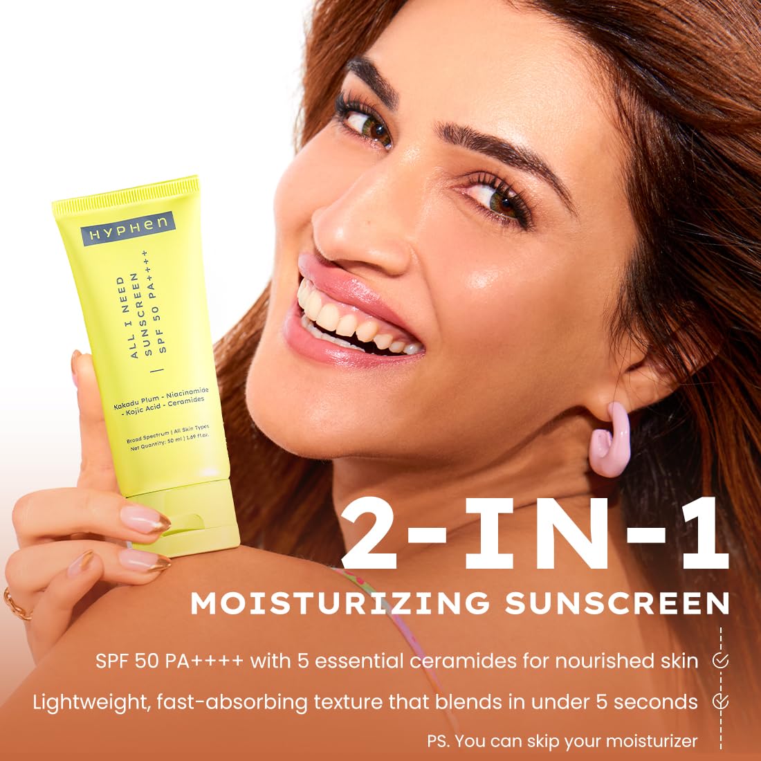 Hyphen All I Need Sunscreen SPF 50 PA++++ | No White Cast | In Vivo Tested | Brightens with Niacinamide, Kojic Acid & Vitamin C Rich Kakadu Plum | Hydrating Lightweight Non-Greasy UVA/UVB Protection | For Oily, Dry & All Skin Types | Women & Men | 50ml