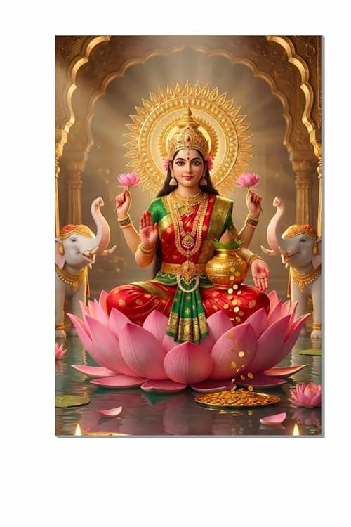Hindu God Poster for Pooja Room and Home Temple 300 GSM Paper A3 Size, Self Adhesive Laminated Lakshmi Ji Wall Decor Poster