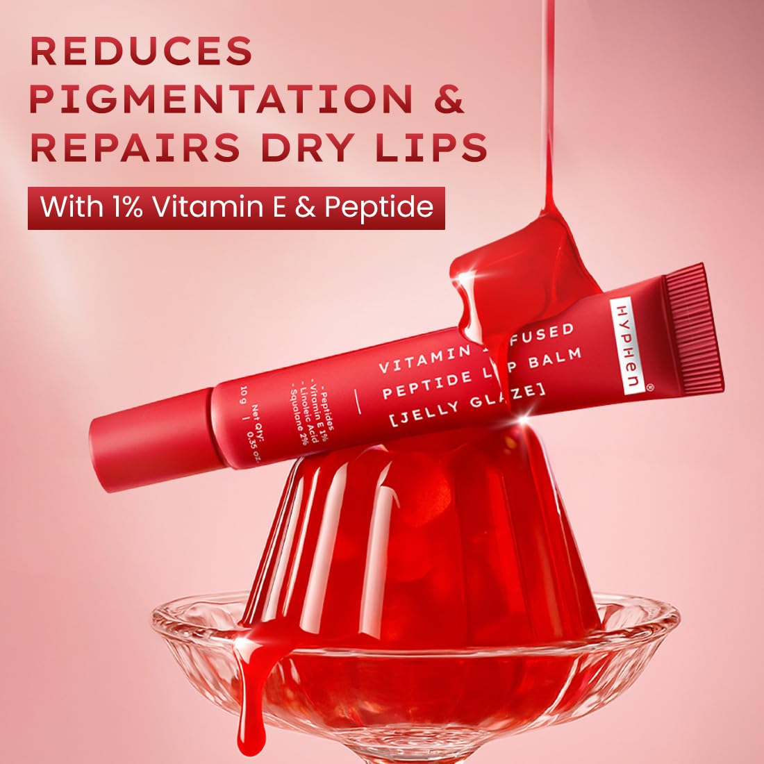 Hyphen Tinted Lip Balm | Brightens & Reduces Dark Lips & Pigmentation | 1% Vitamin E, Peptide & 2% Squalane | Jelly Glaze (Red Shade)- 10g