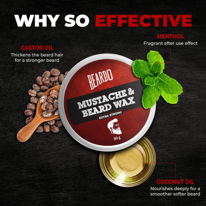 Beardo Beard and Mustache Wax, 50 gm | Beard Wax for Beard & Mustache Styling | Long Lasting Extra Strong Hold Wax for Men | Beard Hair Wax for Smooth, Shiny & Healthy Beard