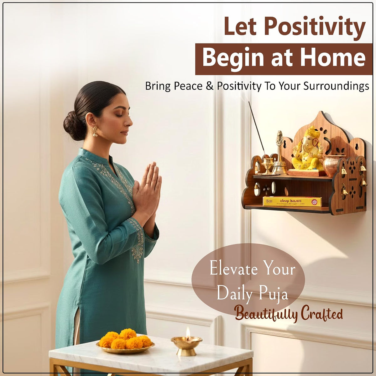 Small Pooja Mandir for Home Wall Mount & Tabletop | Wooden Temple with Bells | Mini Mandir for Office, Home, Daily Worship पूजा & Decor