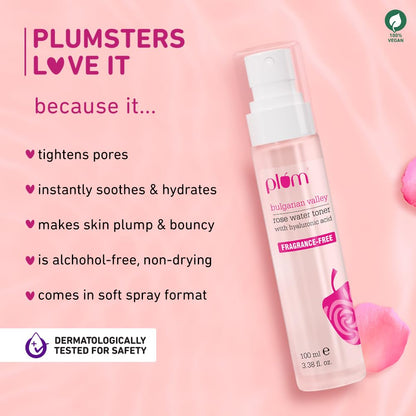 Plum Bulgarian Valley Rose Water Face Toner | for Oily Acne Prone Dry Combination Skin | with Hyaluronic Acid | Women & Men | 100ml