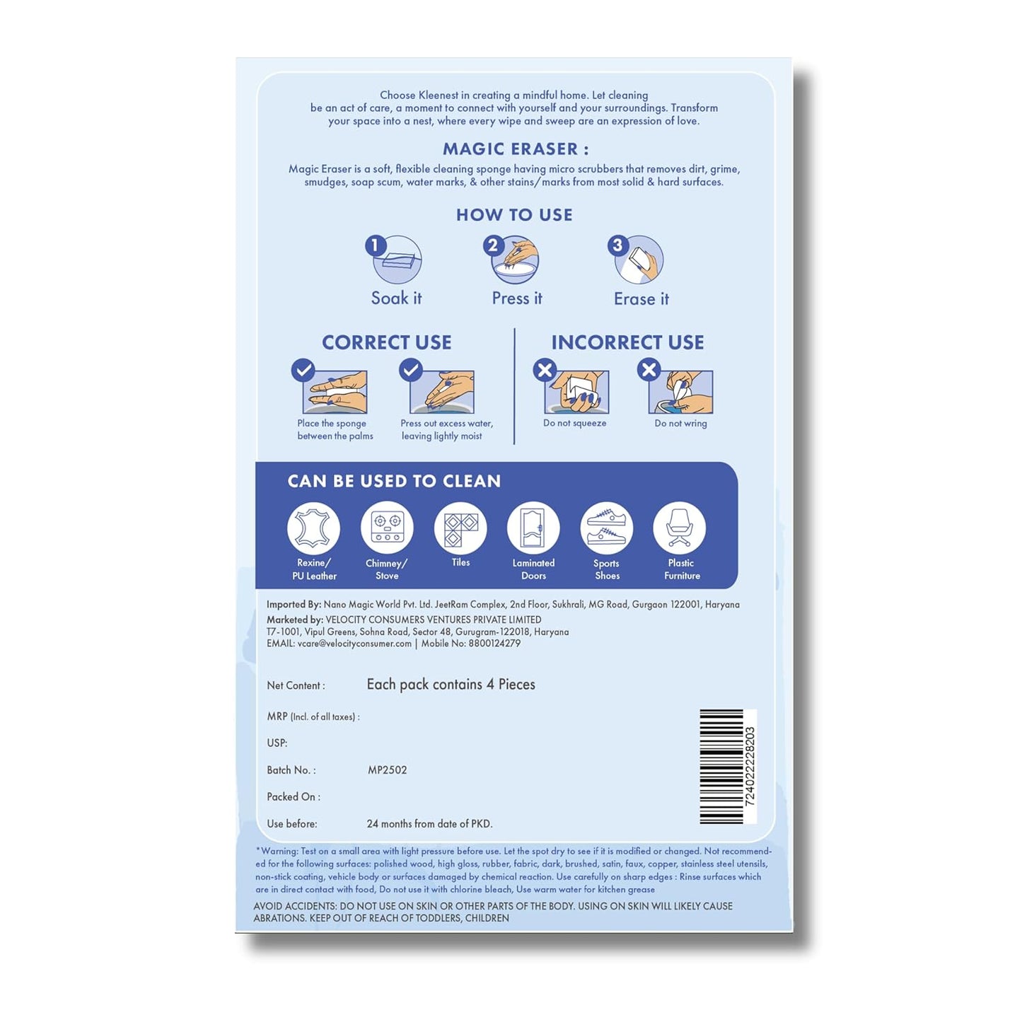Kleenest Magic Eraser Cleaning Sponge | Pack of 4 | Chemical-Free, Multi-Purpose Wipe for Effortless Cleaning of Kitchen, Bathroom, Walls, Shoes & More – Tough on Stains, Gentle on Surfaces