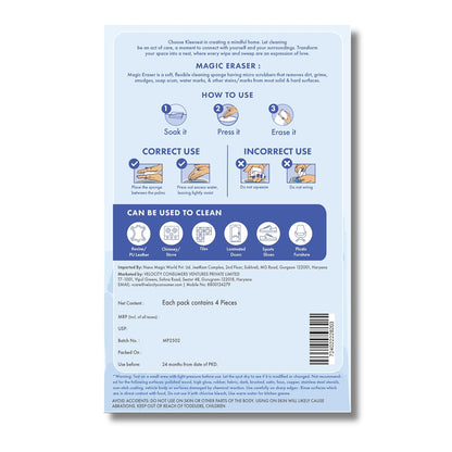Kleenest Magic Eraser Cleaning Sponge | Pack of 4 | Chemical-Free, Multi-Purpose Wipe for Effortless Cleaning of Kitchen, Bathroom, Walls, Shoes & More – Tough on Stains, Gentle on Surfaces