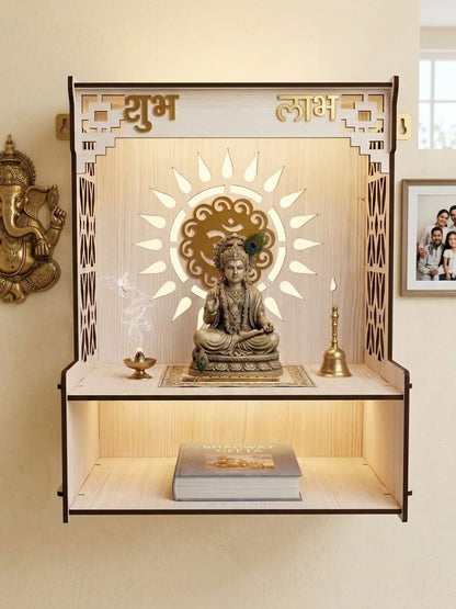 Beautiful Wooden Pooja Stand for Home, Temple, Office, Wall Mounted Puja Mandir with LED Spot Light Size (L- 29 CM, W- 25 CM, H - 37.5 CM)