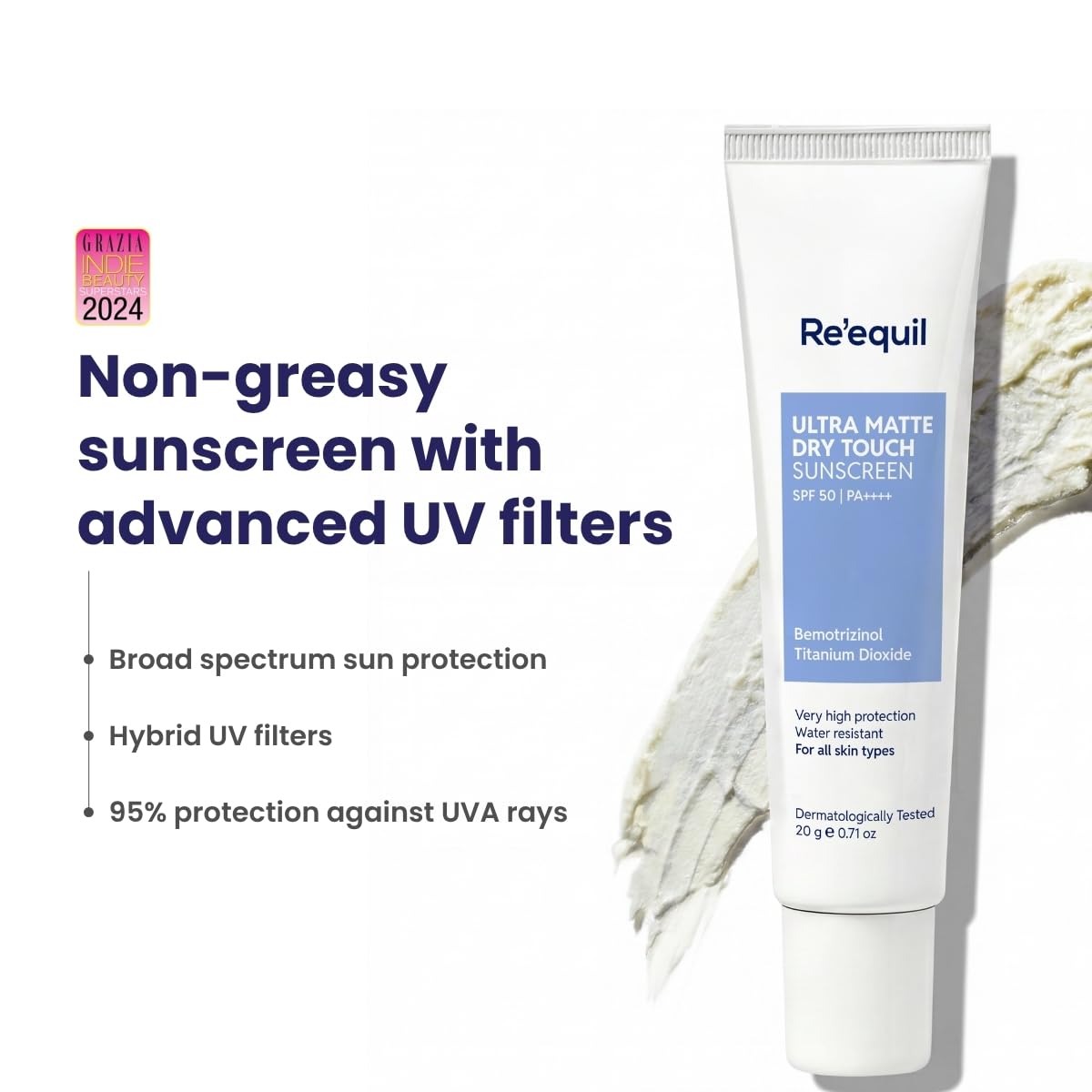Re' Equil Ultra Matte Dry Touch Sunscreen Gel Spf 50 Pa++++, Water Resistant With Zinc Oxide And Titanium Dioxide 20G