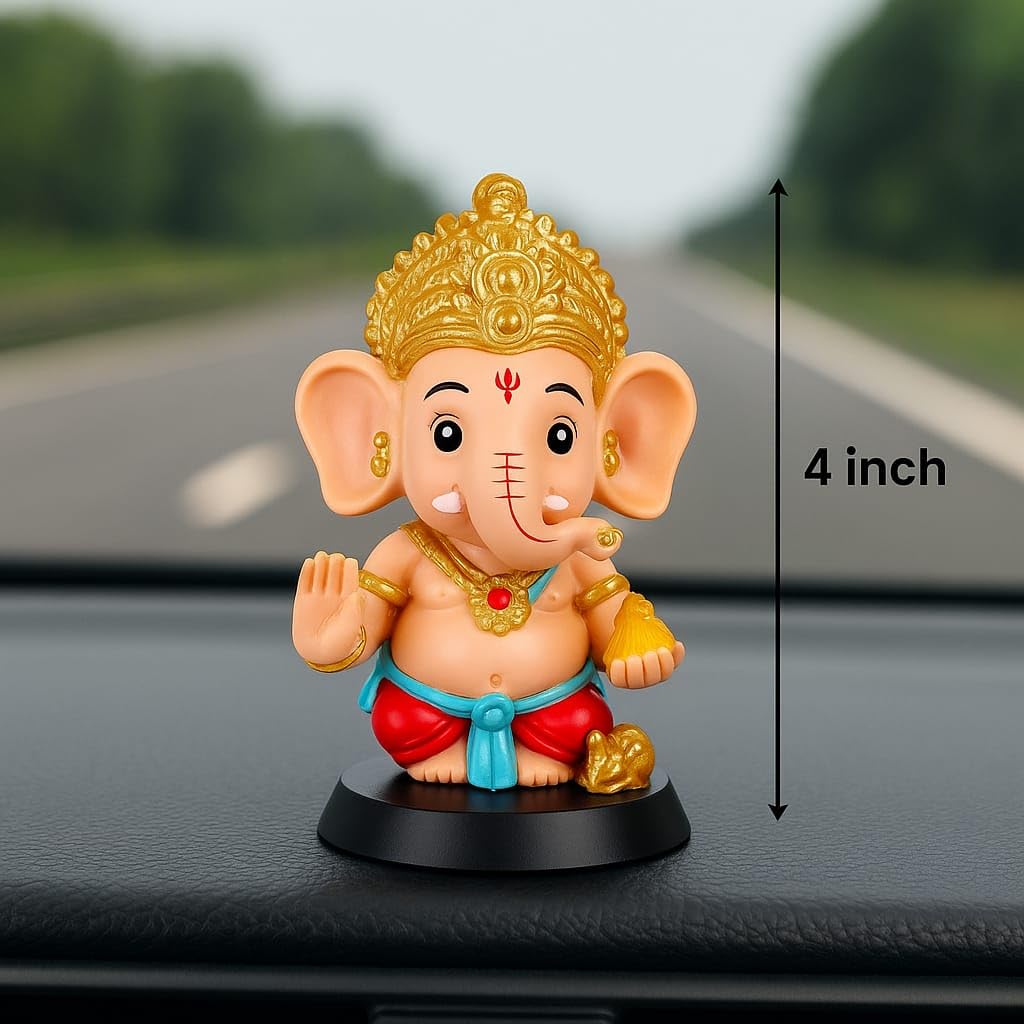 Cute Lord Ganesha God Idol for Car Dashboard | Ganpati Bappa Murti with Modak & Mooshak | Decorative Ganesh Ji Showpiece for Home, Office, Gift Purpose | 10cm Height (Red-Orange)