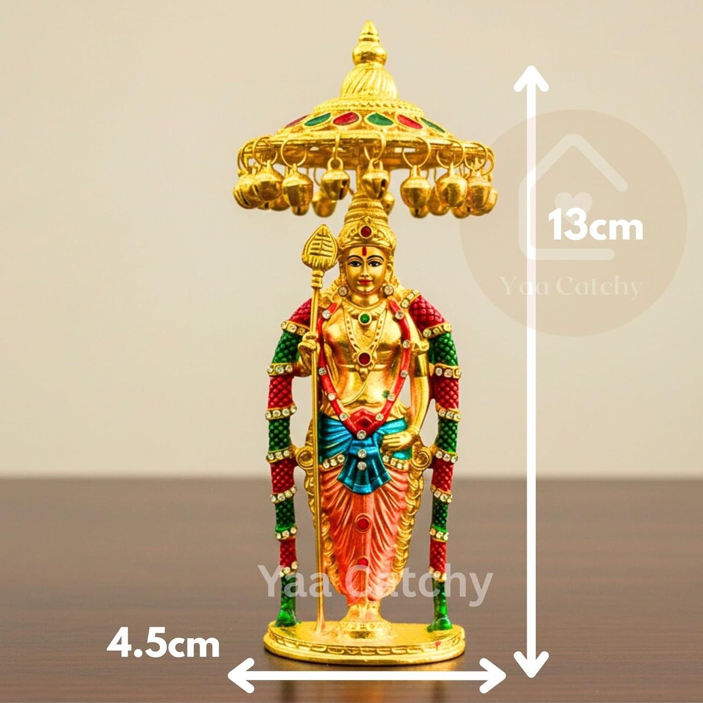 Lord Murugan to Your Car Dashboard Golden Idol with Crystal Stones Pooja & Office Hindu God Kartikeya ensuring a Blessed and Protected Journey. (Umbrella Murugan)