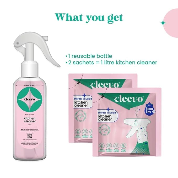 Cleevo Kitchen Cleaner Spray 1L Bottle Pack (2 Sachets makes 1 Litre)|Powder to Liquid | | Non-Toxic Degreaser for Gas Stove, Chimney & Countertop | Surface Cleaner (Lilly)