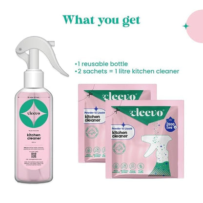 Cleevo Kitchen Cleaner Spray 1L Bottle Pack (2 Sachets makes 1 Litre)|Powder to Liquid | | Non-Toxic Degreaser for Gas Stove, Chimney & Countertop | Surface Cleaner (Lilly)