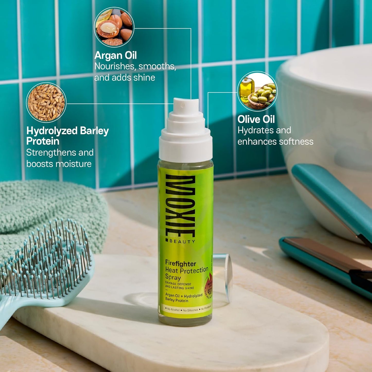 Moxie Beauty Firefighter Heat Protection Spray | Argan & Olive Oil Shield for Hair | Protects Up to 450 °F | 100ml
