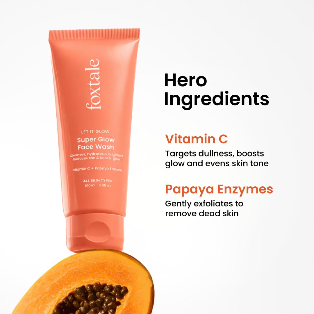 Foxtale Super Glow Detan Face Wash with Vitamin C & Papaya enzyme, Tan Removal, Brightens & Reduces Pigmentation, Gentle Exfoliation | 100ml