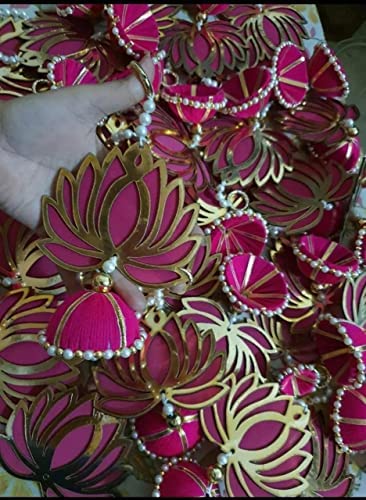 Lotus Hanging for Decoration | Handmade Wall Decor with Jhumki Style | Set of 6 Pink/Rani | Export Quality Lotus for Home, Temple & Pooja Room Decor | Diwali, Wedding & Festival Decoration
