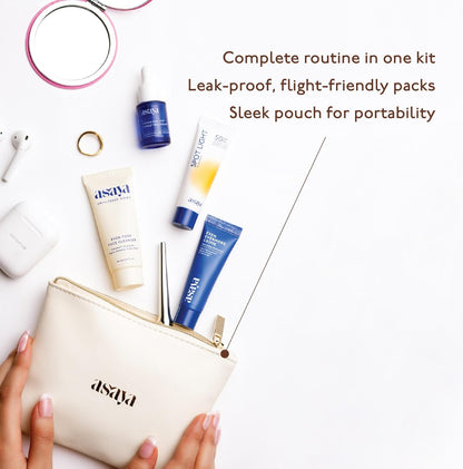 Asaya Travel Kit | Gift for Women | With Free Travel Pouch Bag | Face Wash Cleanser, Serum, Moisturizer & Sunscreen (CSMS Combo) | Melame™ Complex, Alpha Arbutin, Kojic Acid, Niacinamide | All Skin Types | For Women & Men