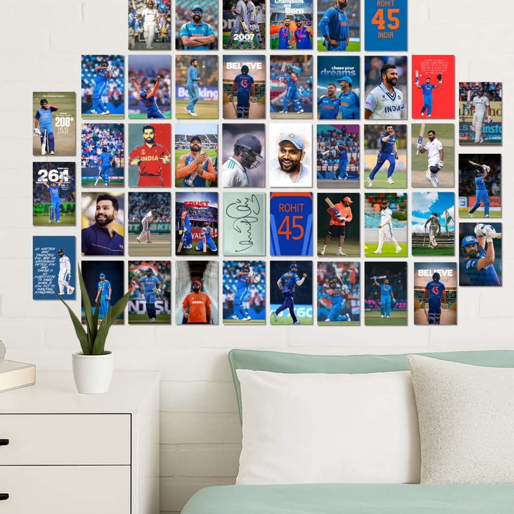 Rohit Sharma Posters Wall Collage Kit– 45 Mini Posters (4x6 Inch) With Motivational Quotes | For Room Wall Decoration, Living Room Bedroom Boys Gift Fan| Cricket Lover Cricketers Wall Decor Covers 30x36 Inch Area