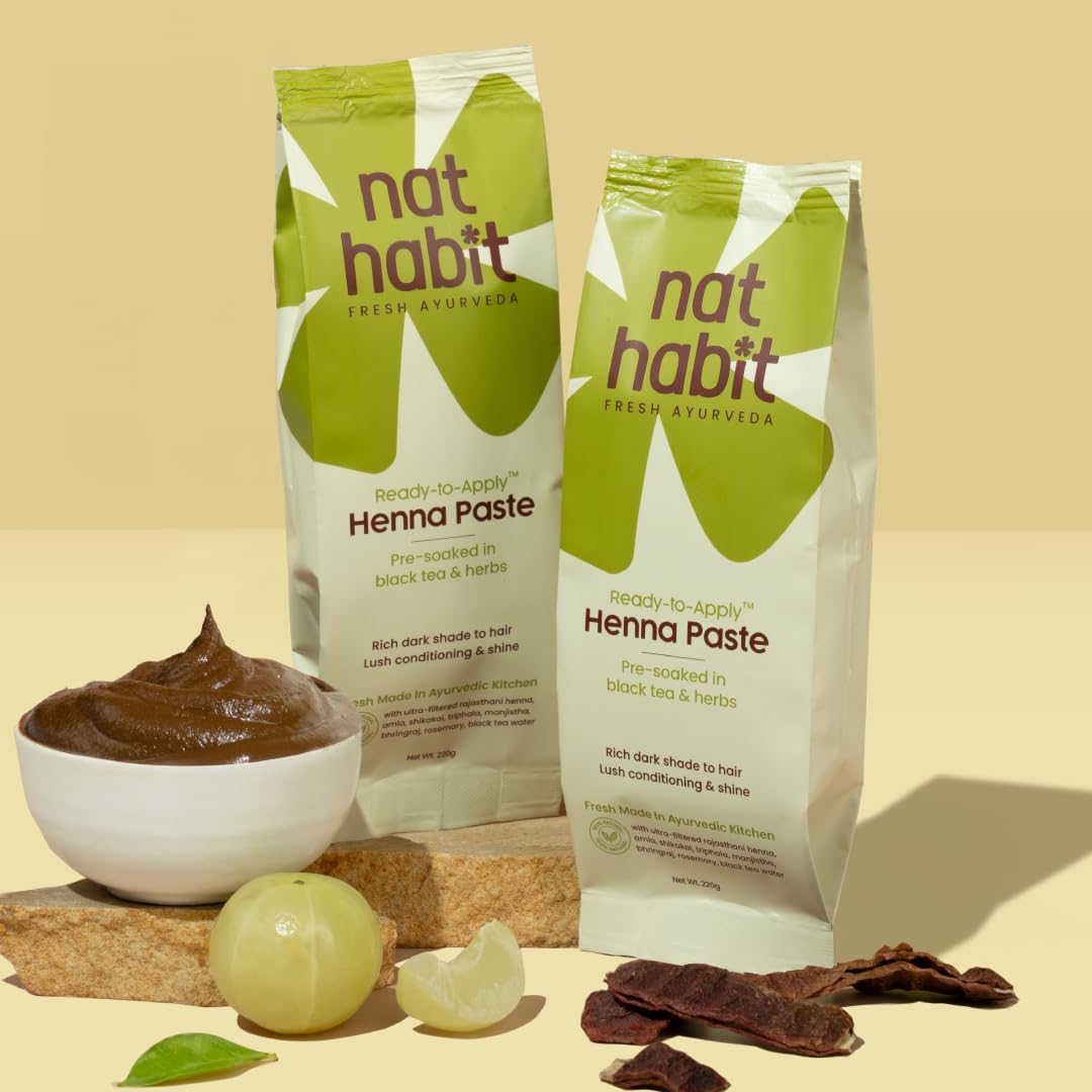 Nat Habit - Fresh Ready To Apply Henna Paste, Pre-Soaked in Black Tea and Herbs,100% Natural Rajasthani Henna (Pack of 2 x 220g)