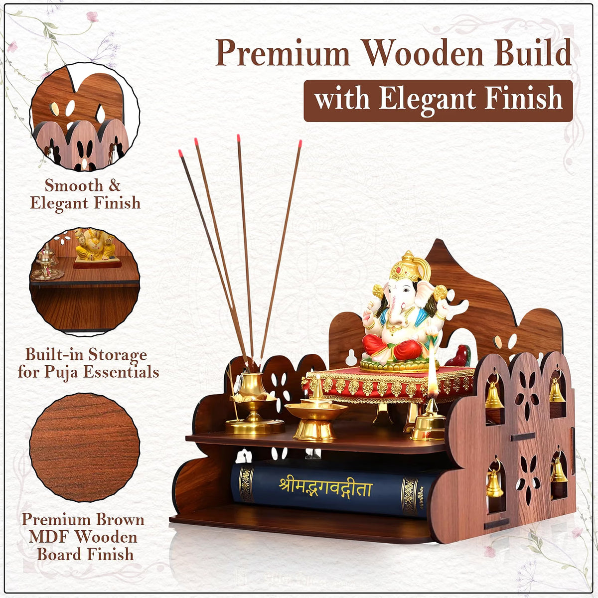 Small Pooja Mandir for Home Wall Mount & Tabletop | Wooden Temple with Bells | Mini Mandir for Office, Home, Daily Worship पूजा & Decor