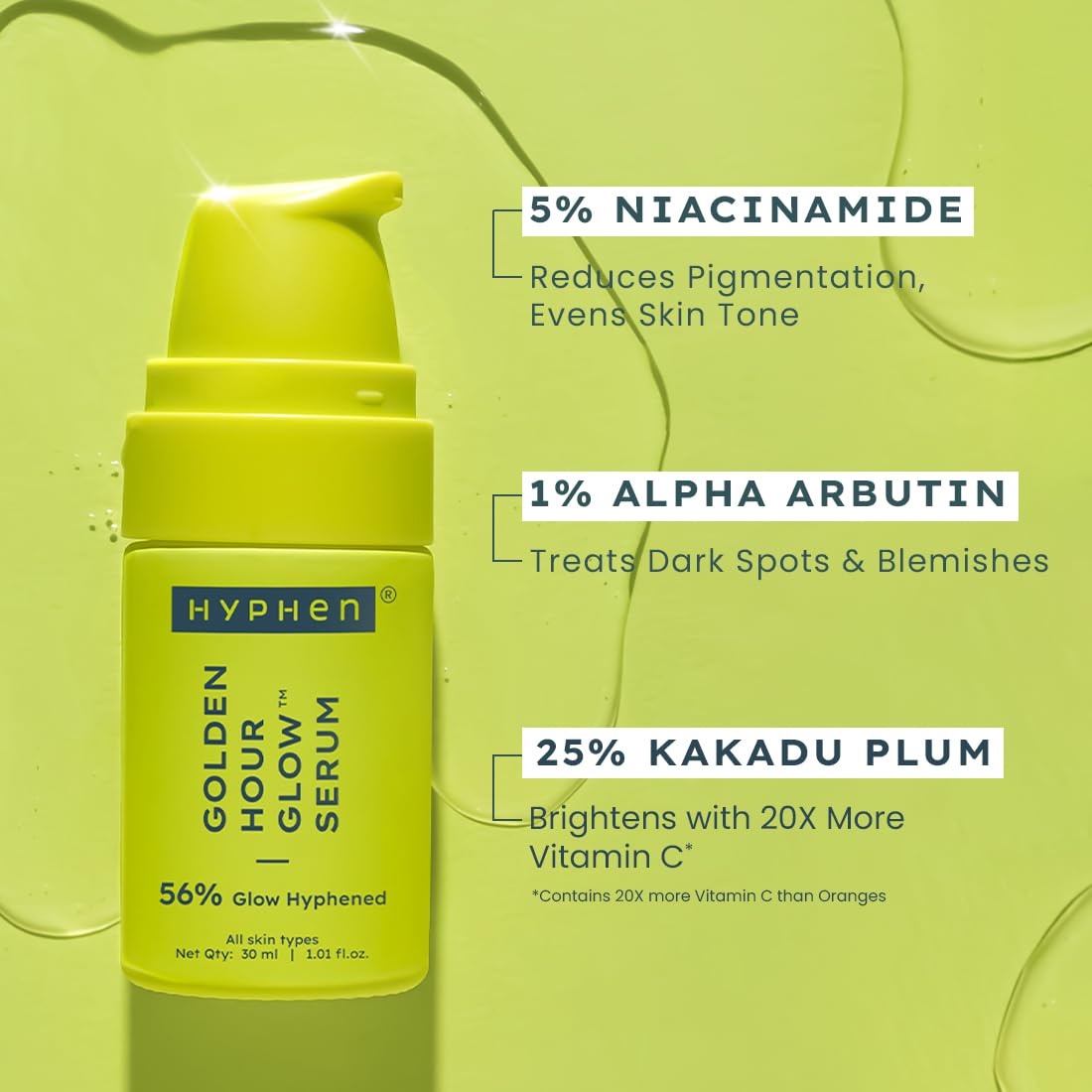 Hyphen Brightening Face Serum with 5% Niacinamide, 1% Alpha Arbutin & 25% Kakadu Plum | 20X Vitamin C for Glowing Winter Skin | All Skin Types – 30ml
